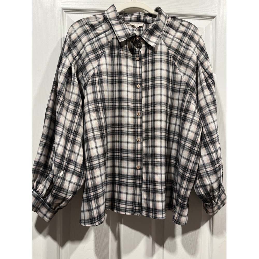 Easel Los Angeles Plaid Puff Sleeve Button Down Shirt Black Tan Large